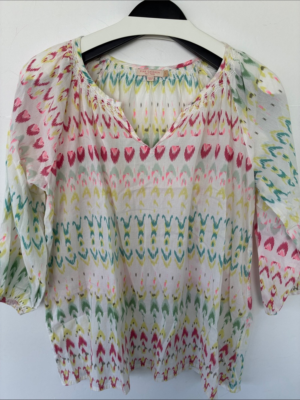 Pink Chicken Lightweight Multicolor Ikat V-Neck Sheer Top 100% Cotton
